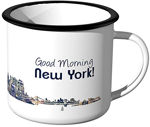 JUNIWORDS Emaille-Tasse, Guten Morgen New York, Skyline Nachtlichter, Schwarzer Tassenrand