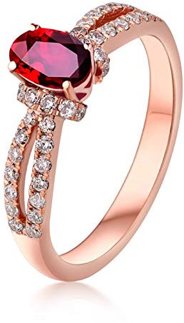 KnSam 18 K Gold Ring Gold Für Damen Bandring In Gold Zwei Lins Round Diamond Und Oval Ruby Mit 0.57Ct Ruby Rot Rose Gold