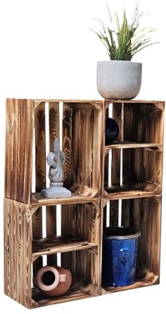 Teramico Brandneue Obstkisten/Weinkisten/Holzkisten 50 x 40 x 30cm Tolle Set-Angebote -Geflammt - massiv und stabil - Ideal zum Möbelbau - Spitzenqualität (4er Set geflammt Ablage kurz)