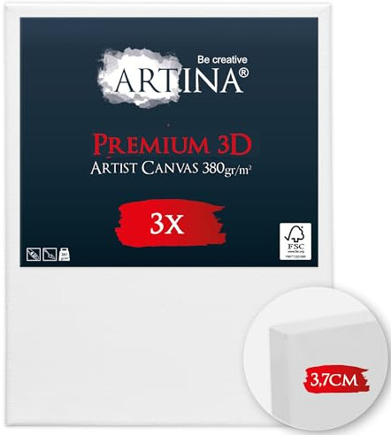 Artina Lot de 3 Premium 3D Canvas Toile Peinture 18x24 cm – FSC® Châssis Bois pour Toiles 100% Coton 380 g/m² sans Acide – Tableau a Peindre Blanche Peinture Stable Cadre Apprêté 3 Fois