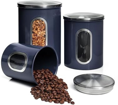 Mixpresso 3-Piece Blue Canisters Sets For The Kitchen, Airtight Canister Set With See Through Window, Storage Jars for Coffee Container, Tea Organizer & Sugar Canister, Blue Kitchen Canisters
