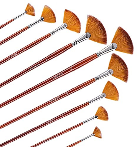 GACDR Lot de 9 pinceaux éventails professionnels pour peinture acrylique avec longs manches en bois, poils en nylon anti-chute pour peinture acrylique, aquarelle, peinture sur roche