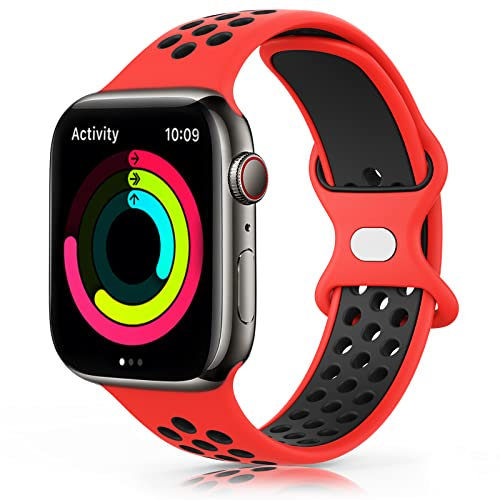 TOOB Cinturino per Apple Watch 45mm 44mm 42mm 41mm 40mm 38mm 49mm, Cinturino in Silicone Morbido e Traspirante per iWatch/Apple Watch Series 9 8 7 6 5 4 3 2 1 SE Ultra (42/44/45/49mm, Rosso/nero)