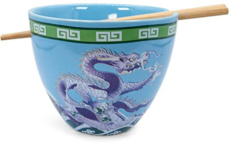 Vaszu Bowl Bop Blue Dragons Japanese Ceramic Dinnerware Set | Includes 16-Ounce Ramen Noodle Bowl and Wooden Chopsticks | Asian Food Dish Set for Home & Kitchen | Kawaii Anime Gifts and Collectibles