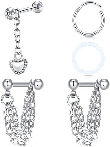 AVYRING Helix Piercing Ring mit Ketten Dangle Pendant Heart Knorpel Ohrstecker Piercing Chirurgenstahl Segmentring Helix Ohr Piercing Schmuck - Silber