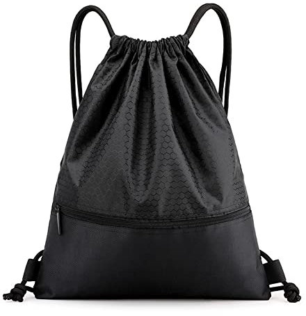 FenFang Mochilas de Cuerdas Negro, Bolso Mochila Deportiva Casual, Bolsas de Cuerdas Gimnasio Mujer Hombre, Saco Playa Talega Deporte Escolares con Cordón Gymsack Bolsillo Niños Niñas (Grande)