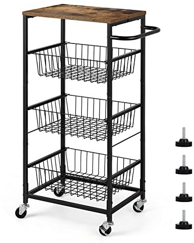 smusei Kitchen Storage Rolling Cart on Wheels Industrial 4 Tier Metal Moveable Utility Storage Cart with 3 Pull Out Baskets, Kitchen Island Trolly Serving Cart for Home, Bathroom, Tool Room