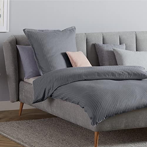 Como Bettwäsche aus Damast Baumwolle 135x200 cm in Anthrazit 2-teilig mit Kissenbezug 80x80 | Bettwäsche Set gestreift | Bettbezug im 2er Set mit Saumen & Reißverschluss | ÖkoTex Zertifiziert