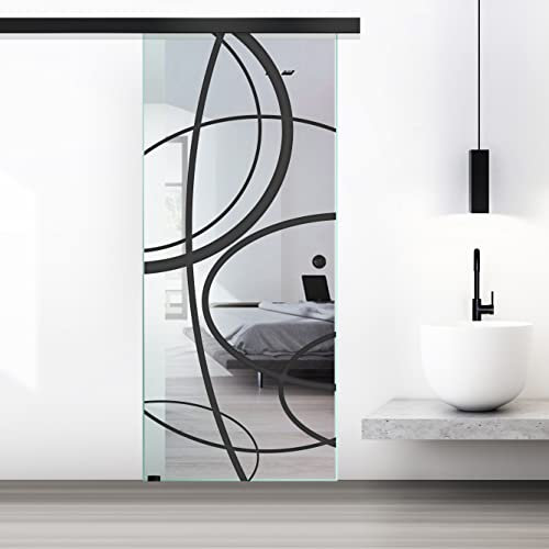 BOSS Black Puerta corredera del vidrio modelo CLOUD 85x215 cm (60/85/95 cm) Vidrio Transparente de 8 mm, patron arenado nanotratamiento Negra, kit completo de herrajes (85x215 cm, IZQUIERDO)