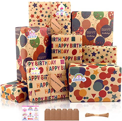 MAMUNU Geschenkpapier Geburtstag, 6 Stück Öko Kraft geschenkpapier Bunt Happy Birthday Geschenkpapier zum Mann Frauen Kind, Braun Gefaltet Geschenkverpackung Papier für Geburtstagsanlässe,70x 50cm