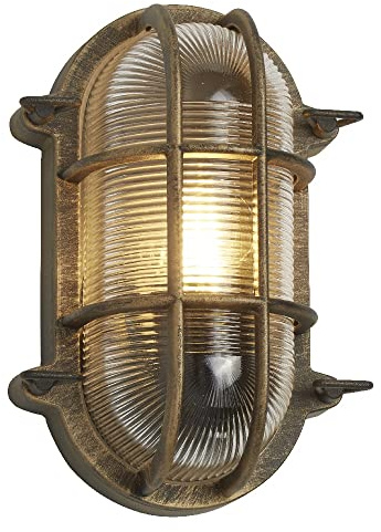 Britalia Antique Gold Brass & Ribbed Glass Outdoor Vintage Oval Flush Bulkhead Wall Light | 248mm Length | IP44 Rated | 1 x ES E27 Lamp Bulb Required | Bathroom Use | UK Approved
