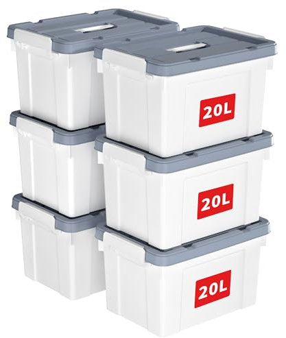 Cetomo 20L*6 Storage Boxes, Carry Plastic Storage Box with Lids, Organizing Container with Handle and Secure Latching Buckles, Stackable, Nestable, Tote Bin for Home Office Clothes, 20L-6Pack, White