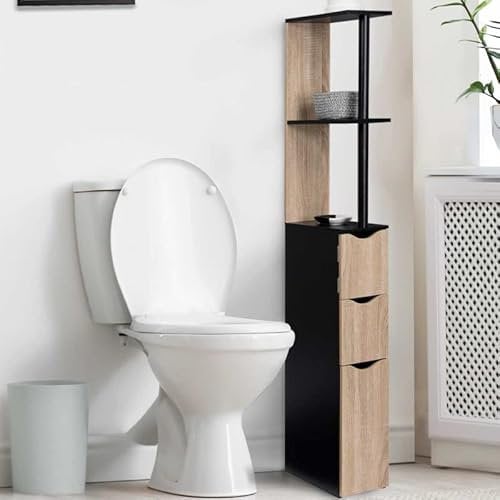 IDMarket - Meuble WC étagère bois WILLY 3 portes noir et hêtre