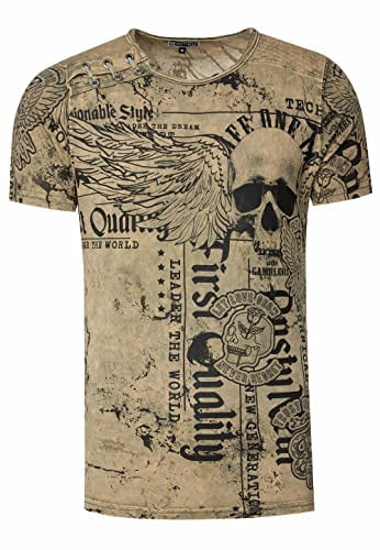 Herren T-Shirt Verwaschen mit Plakativem Print 'Flying-Skull' Stretch-Shirt Streetwear-Finest mit Seitlicher-Knopfleiste 296