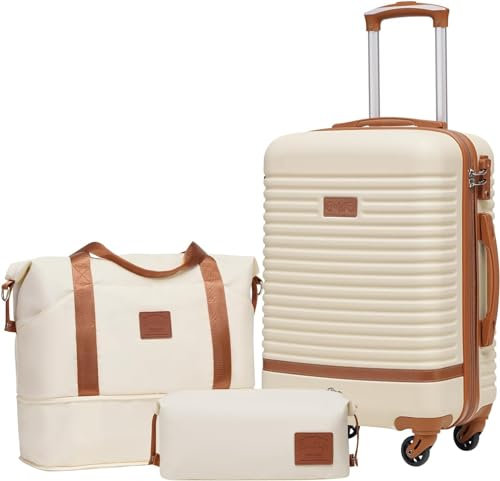 COOLIFE Suitcase Trolley Carry On Hand Cabin Luggage Hard Shell Travel Bag Lightweight with TSA Lock,The Suitcase set Included 1pcs Travel Bag and 1pcs Toiletry Bag (White/Brown, 20 Inch Luggage Sets)