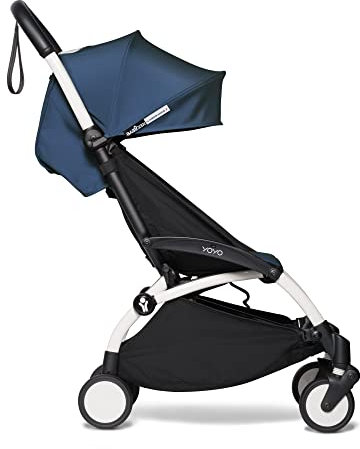 BABYZEN YOYO2 Kinderwagen (Kinderwagengestell White und 6+ Textile Set Air France Blue) - mit Gurt, Rückenlehne, Verdeckbügel, Schultergurt, Aufbewahrungstasche, Sitzpolster und farbgleichem Verdeck