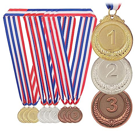 Relaxdays Medaille Kinder 12er Set, Ø 5 cm, 1.2.3. Platz, Band, Fußball, Siegermedaille, Metall, gold, silber, bronze