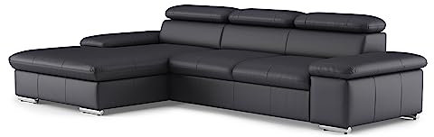 CAVADORE Echtleder-Schlafcouch Valerie mit XL-Longchair / Ecksofa mit Bettfunktion, Kopfteilverstellung + großem Longchair / 286 x 73 x 174 / Leder Schwarz
