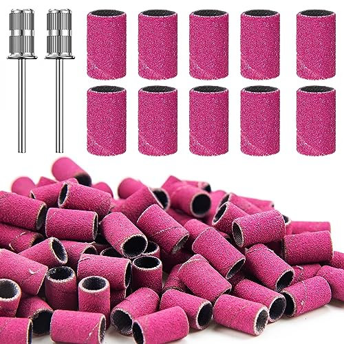 100Pcs Nail Sanding Bands for Nail Drill 180 Fine Grit Sanding Bands Nail Drill with 2Pcs 3/32” Mandrel Bits and Boxed for Nails Polishing Gel Manicures and Pedicure,Pink