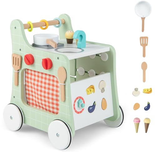COSTWAY 6 en 1 Chariot de Marche en Bois avec Thème de Cuisine & 9 Accessoires, Marcheur D'Apprentissage Bébé avec Rideau & Horloge, Espace de Rangement Intérieur, Trotteur Bébé de 12 Mois+