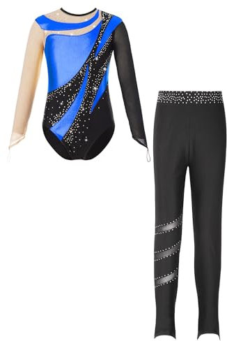 Alvivi Mädchen Turnanzug Glitzer Gymnastikanzug mit Leggings Hose Langarm Ballettanzug Gymnastik Leotard Trikotanzug Akrobatik Wettbewerb Tanzkostüm Royal Blau&Schwarz 146-152