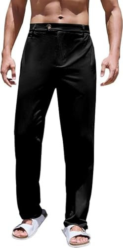 Runcati Herren Leinenhose Lang Leicht Baumwolle Hose Loose Fit Sommerhose Casual Freizeithose Sommer Strand Hosen Yoga Schwarz M