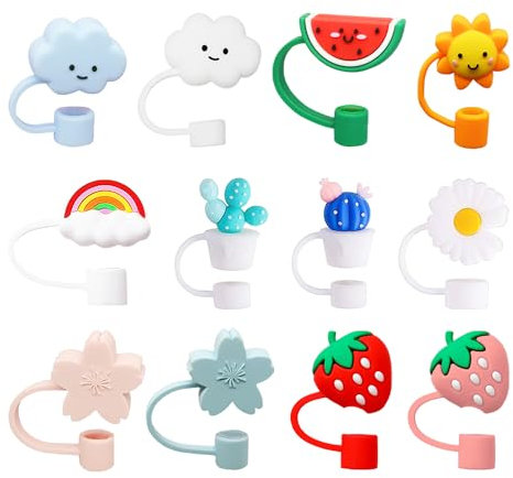 DAZZLUXE 12 Tapas a Prueba de Polvo Con Bolsa de Almacenamiento, Bonitas Tapas de Paja de Dibujos Animados, Tapones Reutilizables