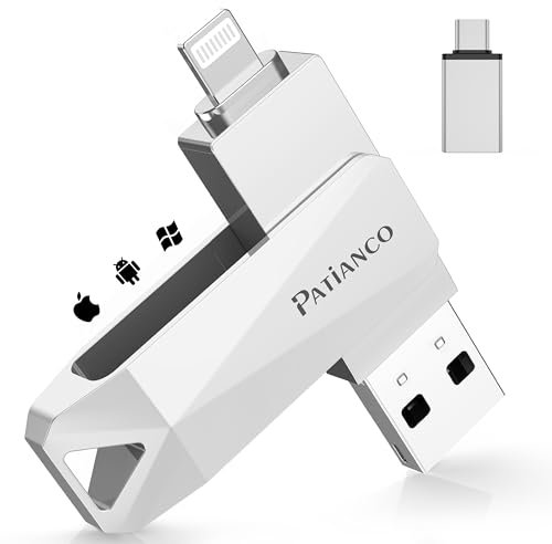 Patianco Memoria USB para iPhone 256GB Pendrive Photostick USB3.0 para Type C-iPhone iPad 3 en 1 Flashdrive Memoria para OTG Android/iOS/Tablet/PC/Mac MFi Certificado Transferencia Rápida(256G,Plata)