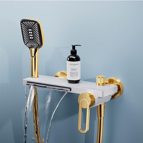 XIAOXSIO Gold+White Wall Mounted Bathtub Faucet Shower Combo, Chrome Finish, 150cm Hose, 135-165mm Spacing, Single Handle, Brass & Stainless Steel, Bathroom Faucet Set