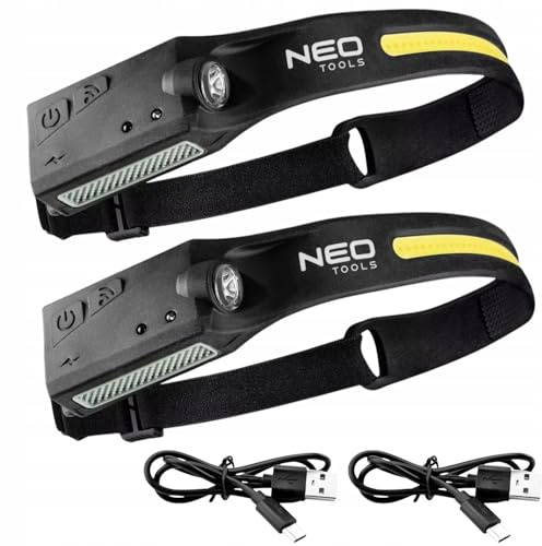 NEO TOOLS Stirnlampe LED 2 Stück, Bewegungsmelder -Wiederaufladbare | Kopflampe 4 Modi, IPX6 Wasserdichte, Max. 350 Lumen, Stirnlampe für Läufer, Bergliebhaber, Fischer, Camping und Nachtausflüge