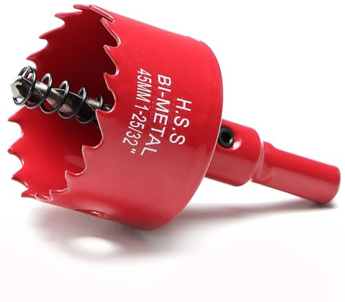 1-3/4 Inch Hole Saw for Wood, 45mm HSS BI-Metal Hole Saw for Recessed Lighting, 30mm Cutting Depth Hole Cutter with Hex Shank Drill Bit Adapter for Cornhole Boards Plastic Drywall Fiberboard, Red