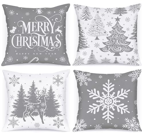 Lanpn 40 x 40 cm 4 Stück Kissenbezug Weihnachten, 40x40 cm Weihnachtsbäume Kissenbezüge Weihnachtsdeko, Grau deko Weihnachtsbäume Zierkissenbezug, Winter Kissenhülle Dekoration für Sofa Bed Couch