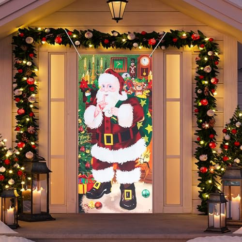 Kiiwah Christmas Door Cover Curtain Santa, Fabric Front Door Banner Xmas Decoration Outdoor Indoor Home School Party Photo Background, 90 x 185cm