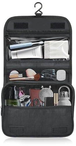 Trousse de Toilette à Suspendre, Trousse de Toilette Homme pour Voyage, Trousse de Toilette avec Plusieurs Compartiments et Poches en Filet, Trousse Toilette de Voyage pour Hommes et Femmes, Noir