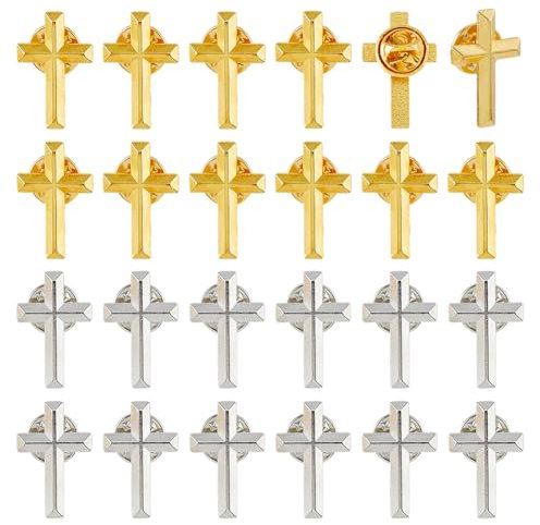 SUPERFINDINGS 24Pcs Metal Crosses Lapel Pins Gold and Silver Sacramental Brooch Bulk Cross Set with Safety Backpacks for Suit Uniform Hats Church Gifts for Communion Reception