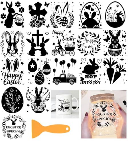 GLOBLELAND 18 Blatt Osterhasen Eier UV DTF Tasse Transfer Aufkleber 3.9x3.6 Zoll Kaninchen Kränze DTF Transferaufkleber Möbel Großformat Transfers für Glasbecher Keraflott Möbel Glas Holz