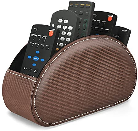 Czzmy Halter für Fernbedienung mit 5 Fächern,PU-Leder Große Halterung für TV, DVD,Fernbedienung Aufbewahrung für Stifte, Handy(1-Carbon Fiber Brown)