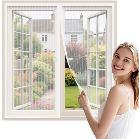 WENT Fliegengitter Fenster ohne Bohren 105x135 cm, Robustes Polyester Netz, Schnell montiert & wiederverwendbar, Insektenschutz Fenster Mückenschutz mit automatischem Verschluss, Weiß