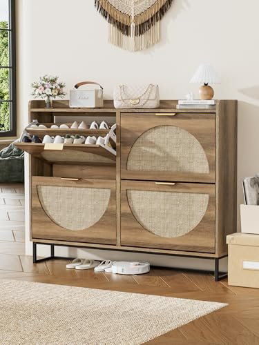 FiveWillowise Rattan Schuhschrank mit 4 Klappen, Freistehender Schuhkipper Schmaler mit Metallbeinen, Schuhregal Schuhaufbewahrung Holz Schuhkommode für Eingang, Flur, 120x23.8x95.5 cm