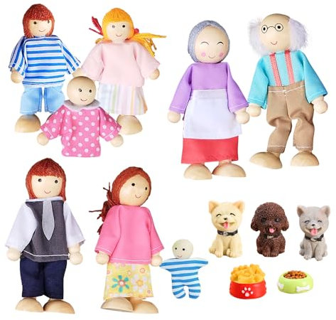 WDKXCN Puppenhaus Puppen, 8 Stück Holzpuppen für Puppenhaus, Hölzerne PuppenhauS Puppen Familie Set mit 3 Hund und Hundenapf, Puppenfamilie aus Holz Zubehör Geschenk