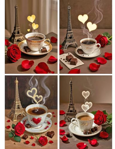SHEGZHUC 4 Pack Diamond Painting Erwachsene Kaffee Rose, 30x40cm Diamant Malerei Bilder Eiffelturm Herz, Mosaik Stickerei Kreuzstich Kunst Geschenk, Wanddekoration für Schlafzimmer Wohnzimmer