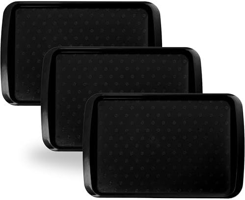 BuzzTrove Serving Trays | Durable Plastic Tea Tray & Dinner Tray | Trays for Eating on Lap, Food Serving & Snacks | Dishwasher Safe, Stackable (Black, Pack of 3 (53 x 32.6 x 3 cm))