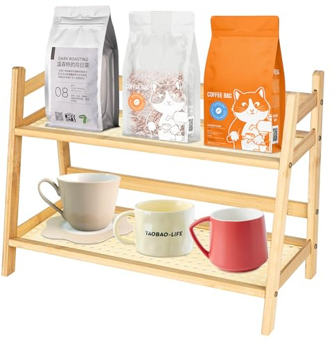 RUCUDIM Gewürzregal, Küchen Organizer 2 Tiers, Bambus Nachahmung Rattanweberei Deko Küche Küchenregal, Gewürzregal Stehend, Bambusgestell für Küche, Esszimmer, Büro