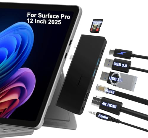 Surface Pro 12 Zubehör Dockingstation, Surface Pro 12 Hub mit 4K HDMI, USB-C Thunderbolt 4 (Display+Daten+100W PD), 2 USB 3.0, 100Mbps RJ45, 3,5 mm, SD/TF-Kartensteckplatz für Surface Pro 12 2025