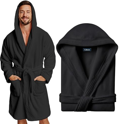 CALMONT Bademantel Herren aus 100% Baumwolle Frottee mit Kapuze I Oeko-Tex | Kuscheliger Saunamantel für Herren extra soft und langlebig. Ein Männerbademantel für Wellness & Sauna mit Gürtel und Tasche.