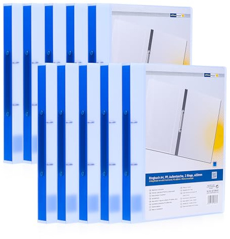 Ringbuch DIN A4, 10er Pack, O-Ringordner 2-Ring-Mechanik mit 20 mm Durchmesser, 2 cm Rückenbreite, Transparent Blau, Aktenmappe passend für ca. 30 Blatt mit 80 g/m², Innen- und Außentasche