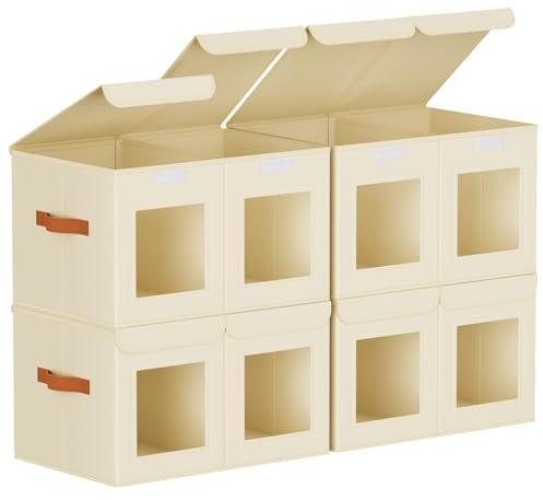 Homsorout 4 Pack Foldable Storage Boxes with Lids & Divider Board 31L Beige | Double Flip-top Cover, Large Fabric Organisers with Handles for Clothing, Books, Toy, Tool, Gifts, Towel, Sheet, Art Supplies