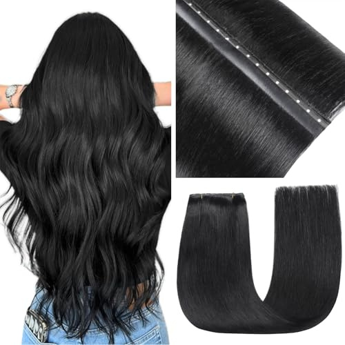 EINbeauty Double weft hair Extensions Echthaar 50cm 50g Gerade Unsichtbar Echthaar Extensions Tief Schwarz Haarverlängerung（20Zoll，1#）