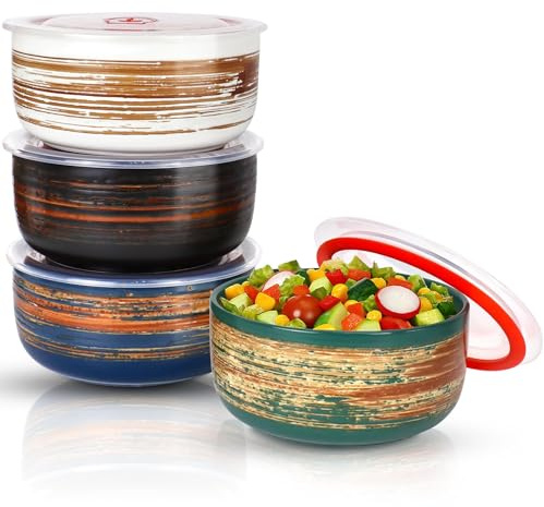 4 Pack Ceramic Bowls with Lids, 15cm Food Storage Containers, 23Oz Capacity | Airtight Leakproof Lids; Lead-Free Ceramic; 4 Japanese Styles; Microwave, Oven & Dishwasher Safe for Meal Prep & Leftovers