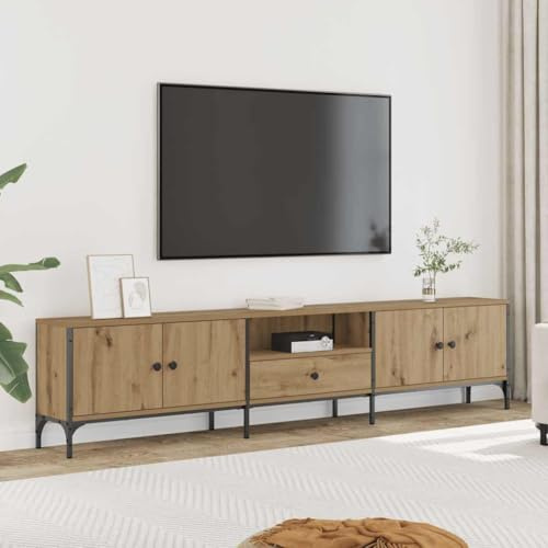 YUOTYRKTEJRSG TV-Schrank mit Schublade, 200 cm Breite, Artisan-Eiche Design, Moderner Medien-Schrank für Wohnzimmer und Home-Office, Stabile TV-Konsole mit Stauraum und verstellbaren Füßen